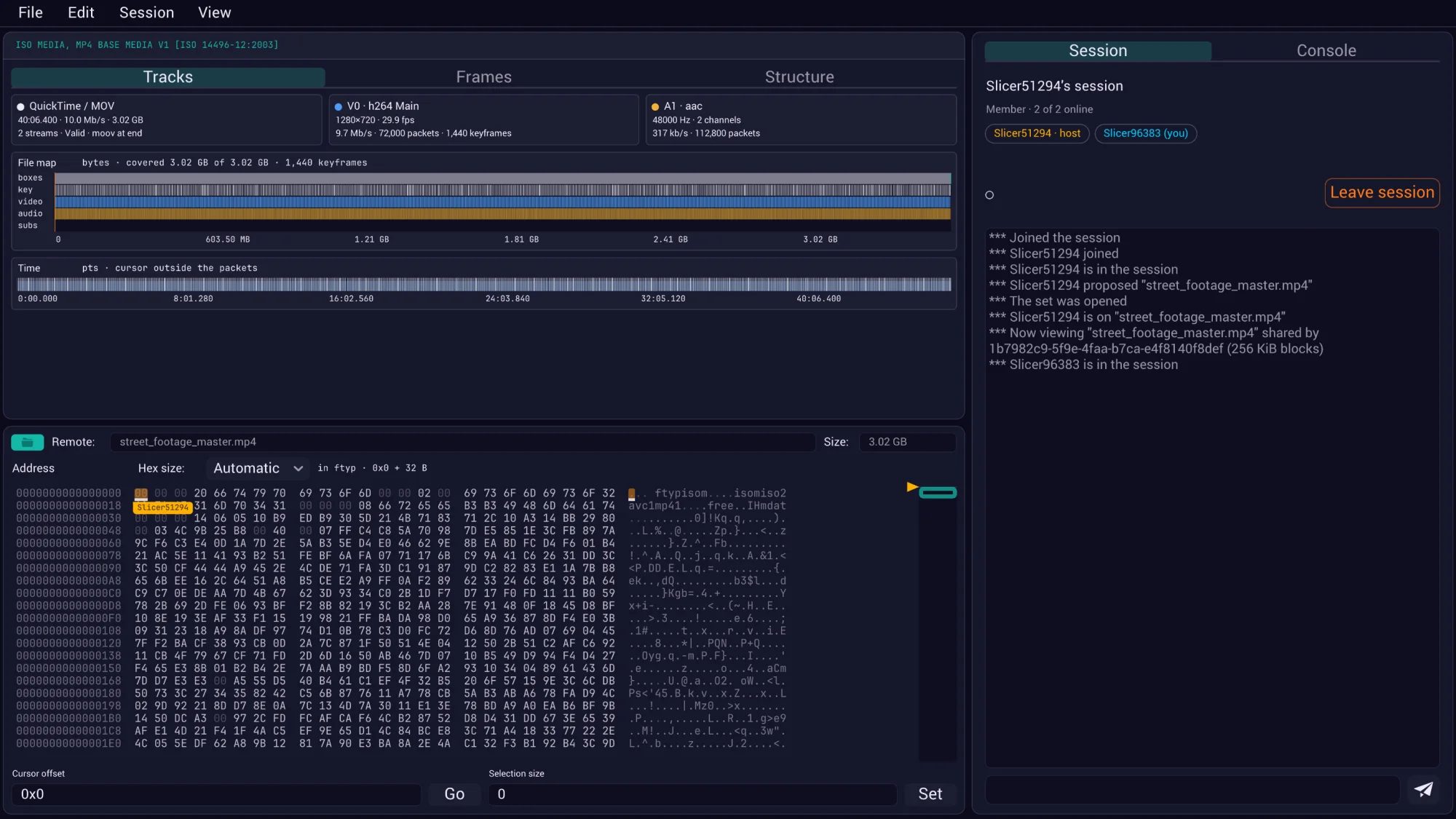 ByteSlicer in a browser, viewing a 3.02 GB MP4 shared by another machine: the tracks, a file map of boxes, keyframes, video and audio, a time map, and the hex view below; a session panel on the right lists the two members.