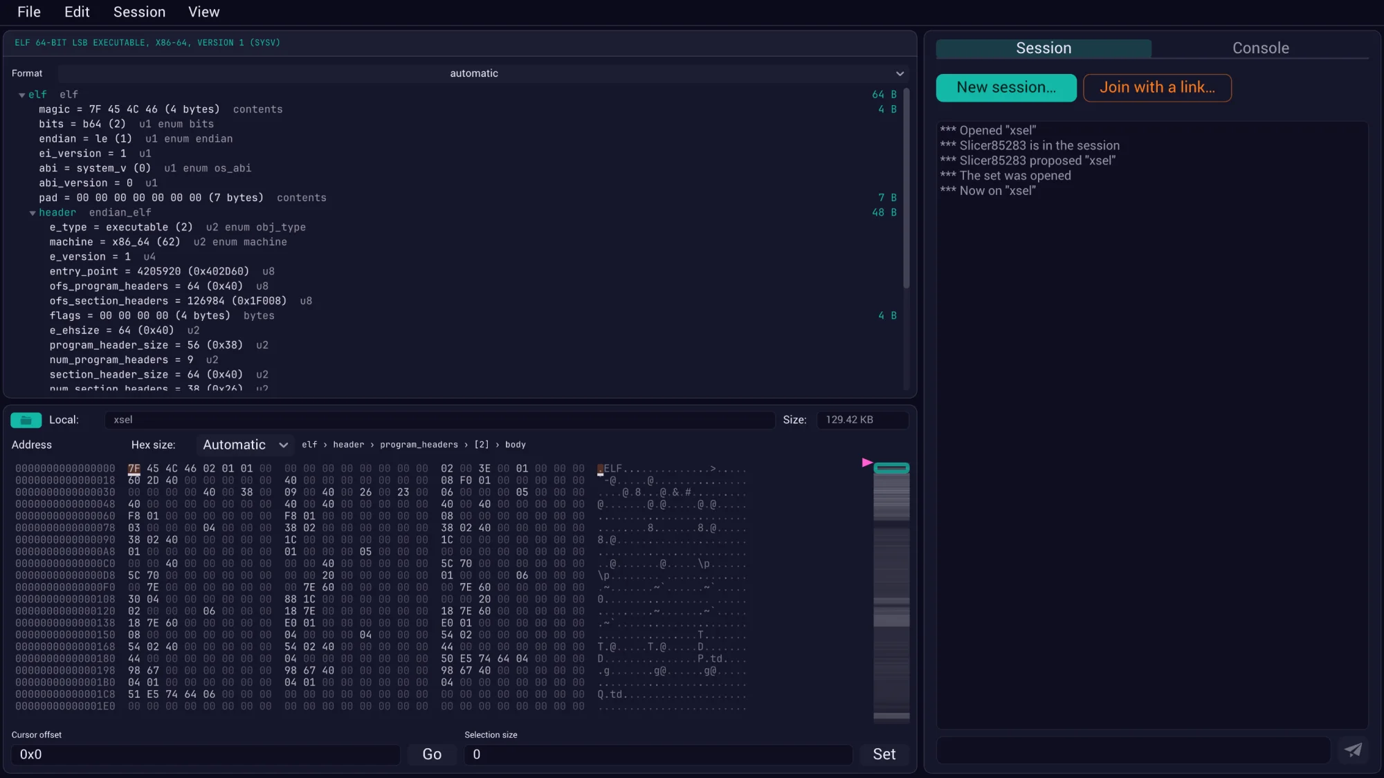 An ELF executable opened in ByteSlicer: the structure tree names the header fields, program headers and section headers, and the hex view below shows the bytes with the cursor's field named in a breadcrumb.